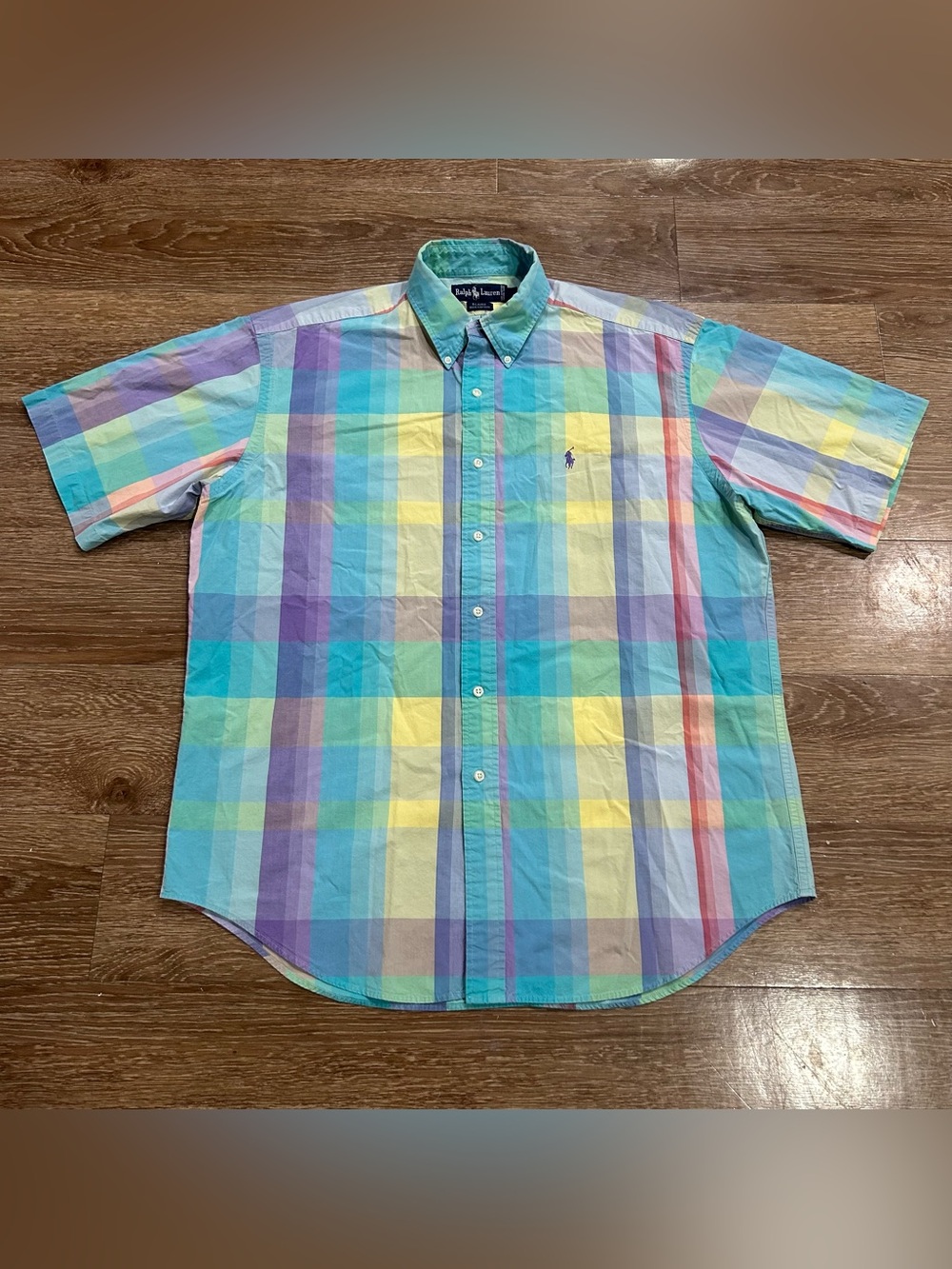Polo Ralph Lauren Shirt Mens L 90s Vintage Pastel Plaid Short Sleeve Madras
